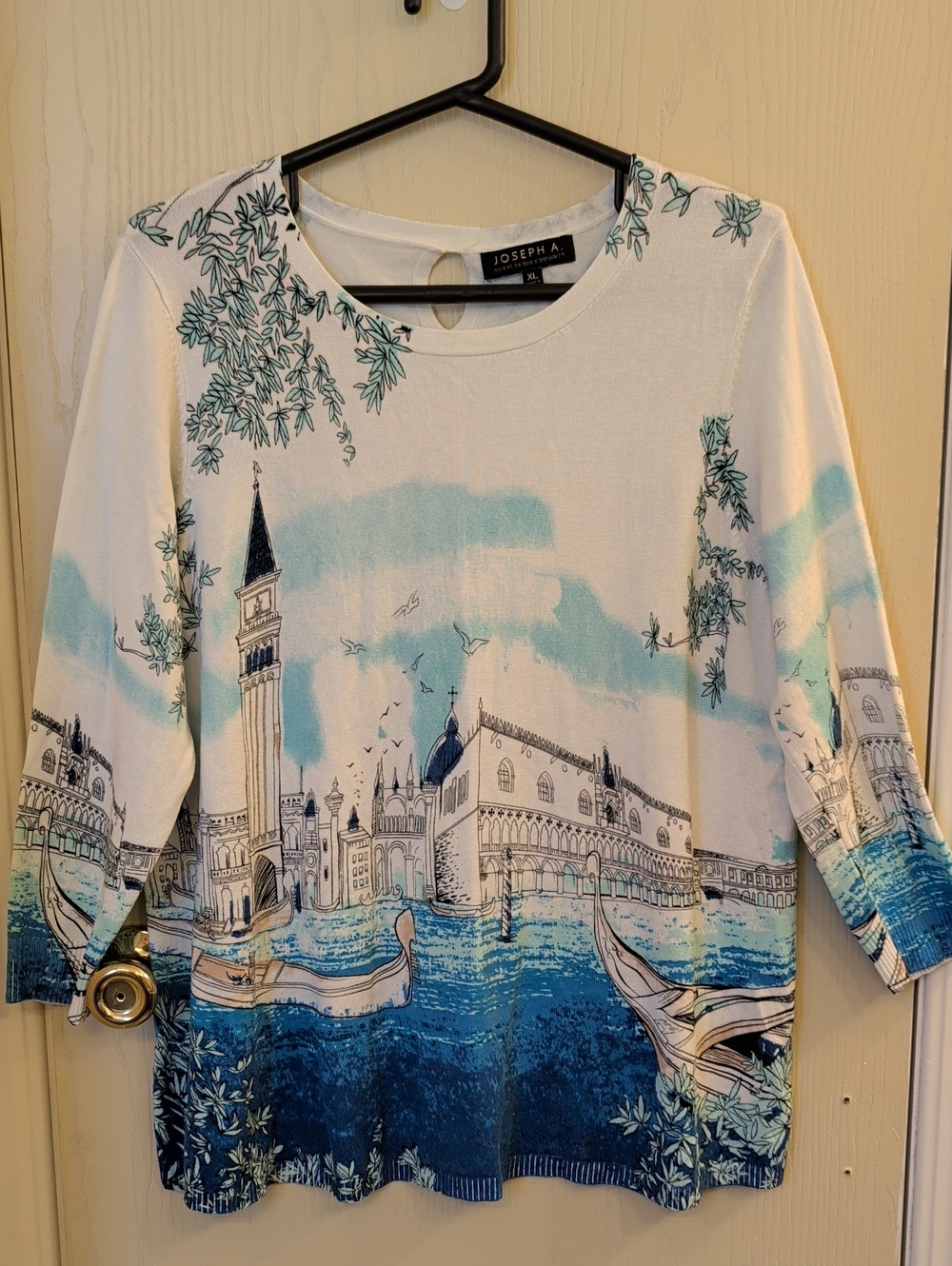 Joseph A Venice Italy Tunic XL Blue White Scenic Print Crewneck Boho Top